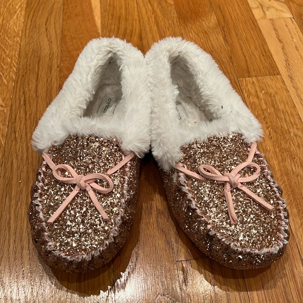 Girls rose gold sparkle fur lined slippers